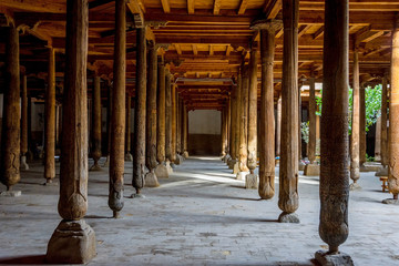 Carved wooden pillars in madrassa, Khiva