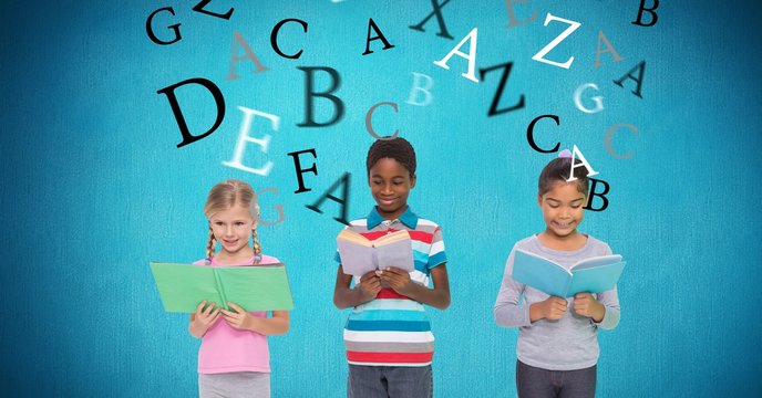 School children reading books with letters flying in background