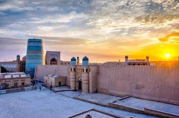 Old city wall and minaret, Khiva, Uzbekistan - 143508369