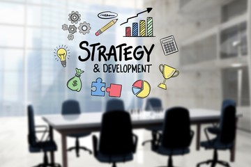 Strategy and development text surrounded by icons in office