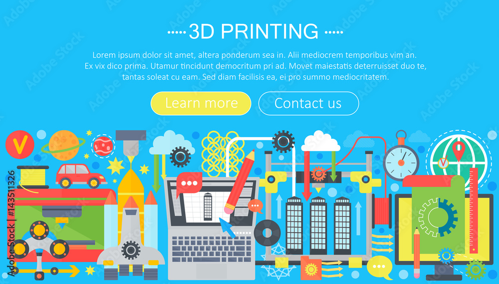Poster 3d printer technology flat concept set. 3d modeling, printing and scanning web header.