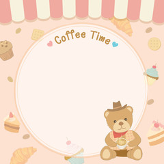 Coffee time with teddy bear on bakery pattern background.