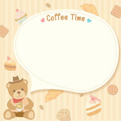 Coffee time with teddy bear on bakery pattern background.