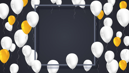 Poster background with white, yellow balloons and frame with shadow.  Template, decoration element for wallpaper, flyers, invitation, brochure or banners. Vector 3D illustration