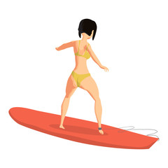 Young woman in bikini surfing. Girl surfer. Back view. Vector flat cartoon illustration isolated on a white background