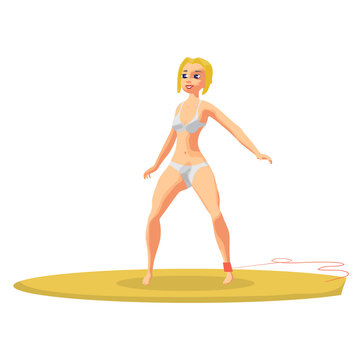 Young blonde woman in bikini surfing. Girl surfer. Vector flat cartoon illustration isolated on a white background