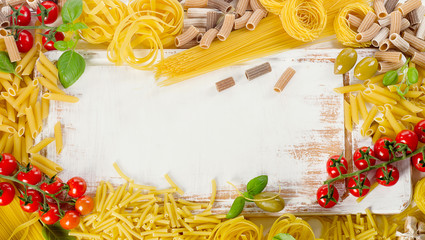 Various types of pasta. Italian healthy eating. Flat lay