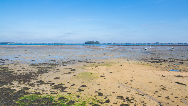 Morbihan gulf, in Brittany, low tide beach, panorama