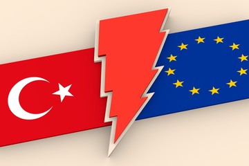 Image relative to politic situation between European Union and Turkey. Politic process. National flags and lighting. 3D rendering