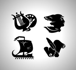 Vector antique education icons. Art, music, travelling commerce literatura