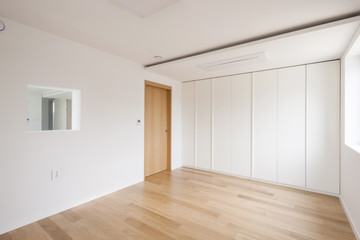 white empty room with window, wardrobe, door at the day.