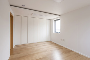 white empty room with window, wardrobe, door at the day.