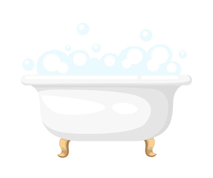 Bathtub with soapsuds in a tiled bathroom bathtub icon for interiors Flat design style vector illustration