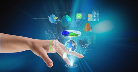 Digital composite image of hand touching virtual screen
