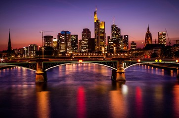 Long exposure photo of Frankfurt am Main city skyline at blue hour