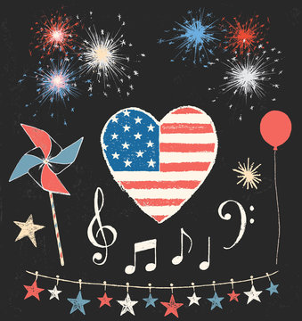 American 4th of July Holiday Chalk Drawing Design Elements Vector Set
