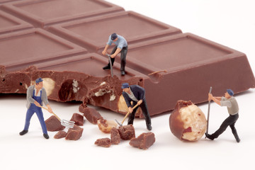Miniature people: Workers produce chocolate chips.