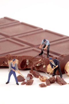 Miniature people: Workers produce chocolate chips.