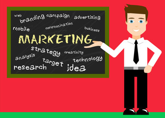 Businessman Showing Blackboard with Marketing Text and other Terms Related to Marketing