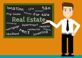 Real Estate Coach Showing Blackboard with Real Estate Text and other Real Estate Terms
