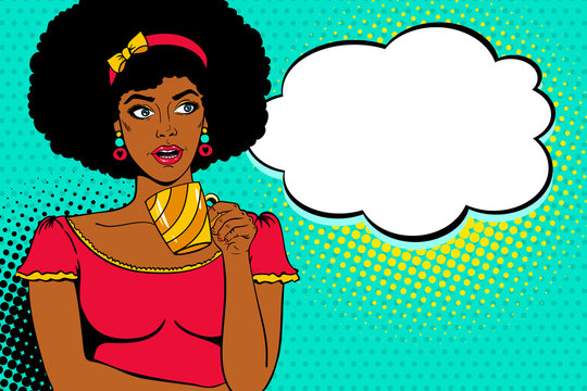 Wow female face. Young sexy surprised afro american woman with open mouth looking at empty speech bubble and holding coffee cup. Vector bright background in pop art retro comic style