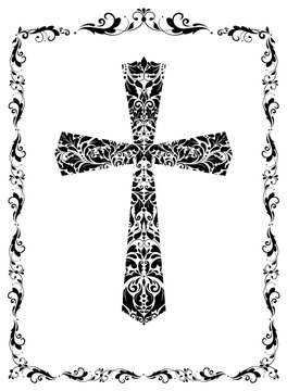 Decoration with vintage floral cross (black and white)