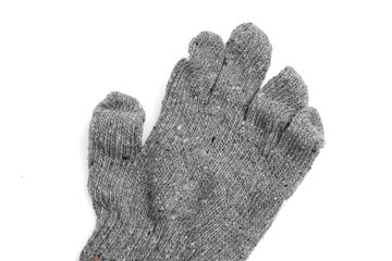 right grey knitted glove on white background