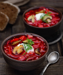 Vegan borscht closeup in a rustic style