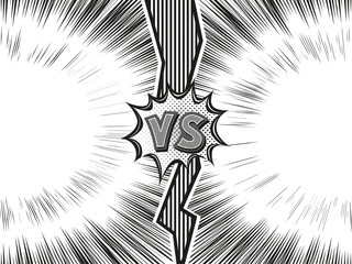 Versus letter background. Cartoon retro design with long fissure and explosion bubbles. Black and white comics explosion background.