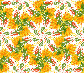 Paisley and yellow flowers. Seamless vector pattern. Limited color palette.