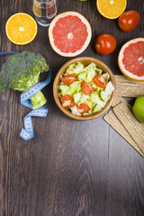 Food for diet  on a wooden table.