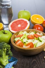 Food for diet  on a wooden table.