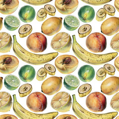 Seamless pattern with tropical fruits drawn by hand with colored pencil. Healthy vegan food. Fresh raw foodstuffs painted from nature