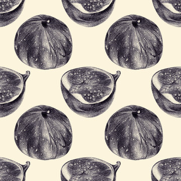 Seamless pattern with figs drawn by hand with pencil. Healthy vegan food. Fresh tasty fruits and berries painted from nature.