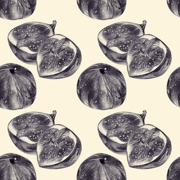 Seamless pattern with figs drawn by hand with pencil. Healthy vegan food. Fresh .tasty fruits and berries painted from nature. Tinted black and white