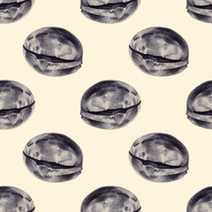 Seamless pattern with plums drawn by hand with pencil. Healthy vegan food. Fresh .tasty fruits and berries painted from nature. Tinted black and white