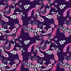 Paisley and roses on a purple background. Seamless floral pattern. Template for printing on fabric, wrapping paper, textiles. Limited palette