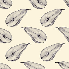 Seamless pattern with cut pears drawn by hand with pencil. Healthy vegan food. Fresh tasty fruits painted from nature. Tinted black and white.