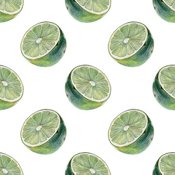 Seamless pattern with cut green limes drawn by hand with colored pencil. Healthy vegan food. Fresh tasty fruits painted from nature