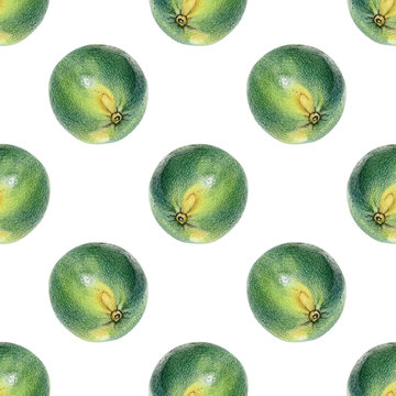 Seamless pattern with green limes drawn by hand with colored pencil. Healthy vegan food. Fresh tasty fruits painted from nature