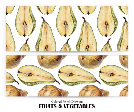 Set of seamless patterns with yellow pears drawn by hand with colored pencil. Healthy vegan food. Fresh tasty fruits painted from nature