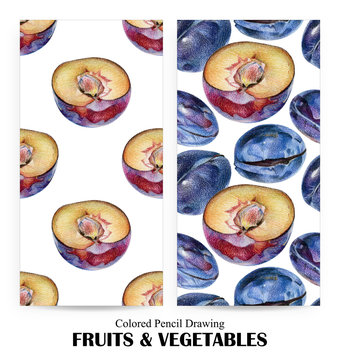 Set of seamless patterns with red and blue plums drawn by hand with colored pencil. Healthy vegan food. Fresh tasty fruits and berries painted from nature