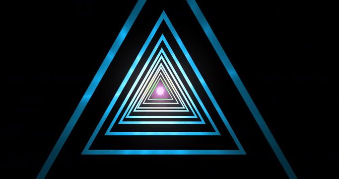 abstract geometric blue gradient triangle tunnel hypnotic spiral, with light point on black background, computer 3d render illustration
