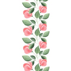 Floral seamless pattern. Watercolor border with red flowers