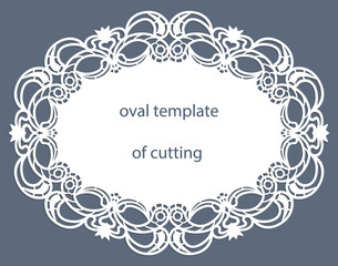 Greeting  card with openwork  oval border, paper doily under the cake, template for cutting, wedding invitation, decorative plate is laser cut, vector illustrations.