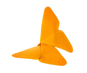 Orange butterfly of origami, isolated on white background. Stock
