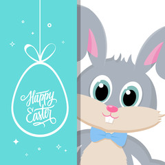 Happy Easter greeting card with easter bunny and handwritten holiday wishes. Vector illustration.