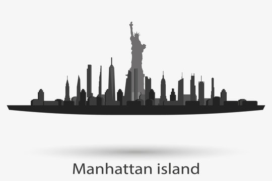 New York city skyline vector silhouette. Manhattan island. Statue of Liberty illustration.
