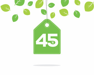 Vector green hanging price tag label with 45% text on it and with shadow on white background with leaves. For spring sale campaign. 