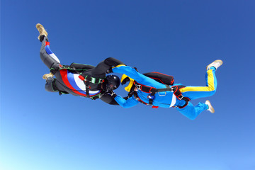 Two skydivers in the sky
